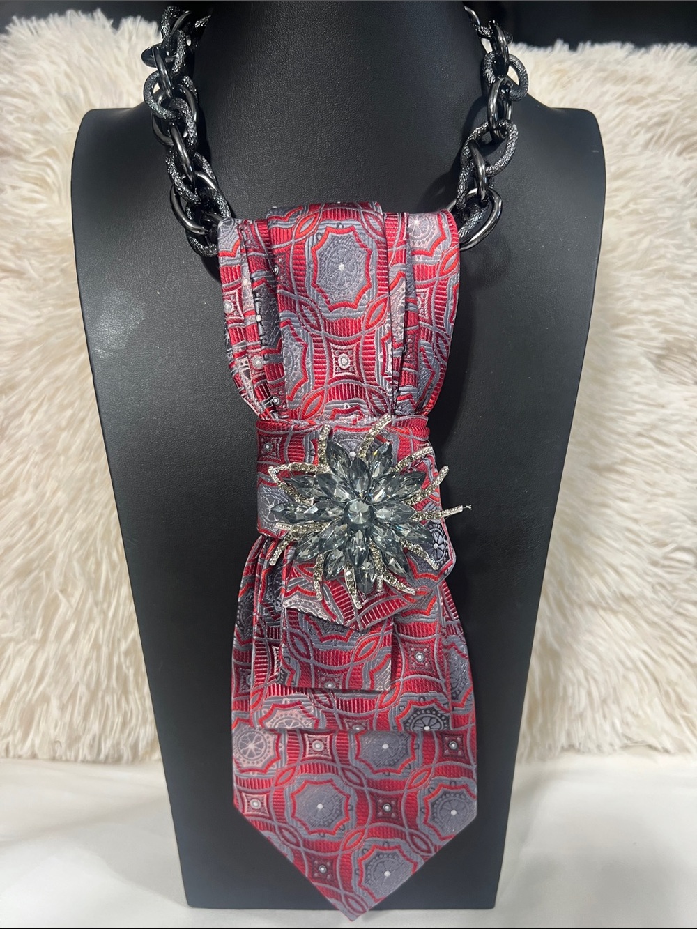 Red and Gray Geometric Tie Necklace with Crystal Brooch